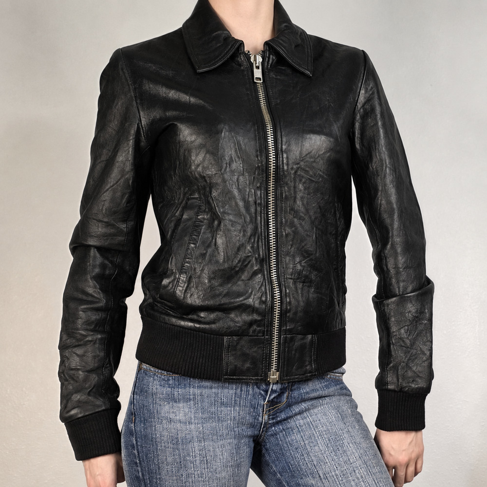 Black Genuine Leather Bomber Jacket Cropped Fitted XS